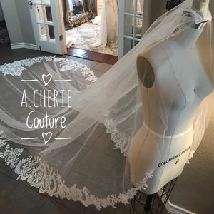 Royal length veil, lace starting at hips, long veil, lace edge veil, unique sequin bridal veil, cathedral Royal Length