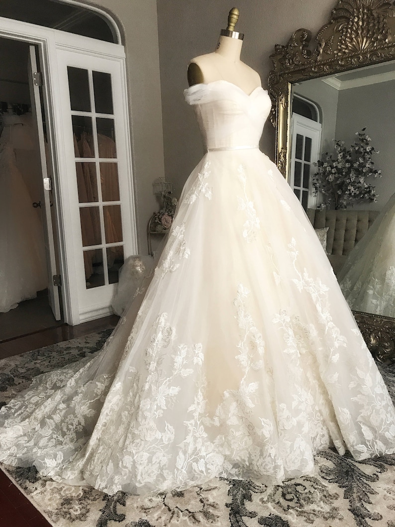 Bella-Unique Lace Floral champagne and ivory wedding dress, Ball Gown, puffy Wedding dress, off the shoulder, sweet heart neckline, roses, image 1