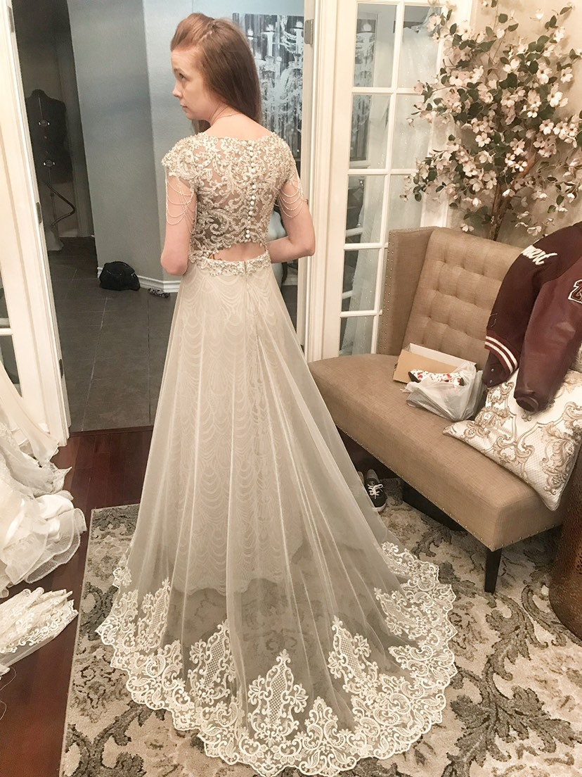 Ameri Vintage TULLE DOCKING DRESS ベージュ S Ameri（アメリ）の「JACQUARD LAYERED TULLE DRESS（ワンピース