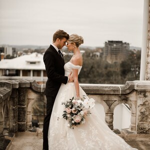 Bella-Unique gold metallic Floral lace champagne and ivory wedding dress, Ball Gown, off the shoulder, sweet heart neckline, Unique wedding image 8