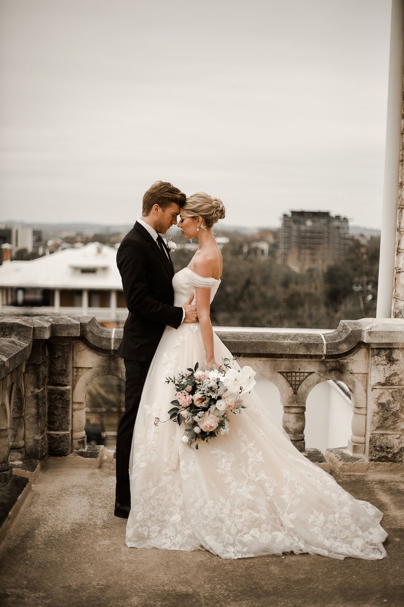 Bella-Unique gold metallic Floral lace champagne and ivory wedding dress, Ball Gown, off the shoulder, sweet heart neckline, Unique wedding image 8