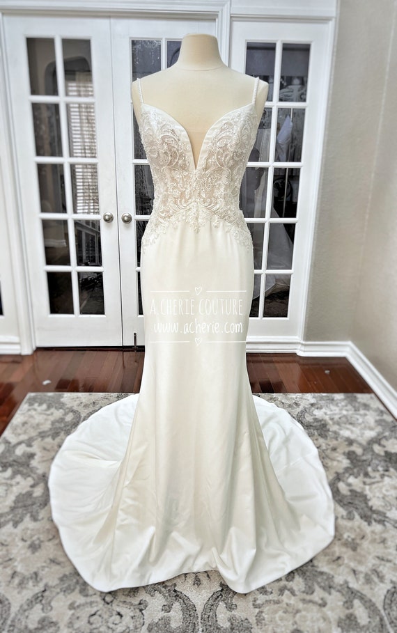 beaded lace fit and flare wedding dress 44286: Beaded Lace Fit and Flare Gown with V-Neckline and Low Back