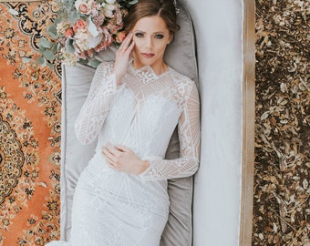 Geometric Sequined Lace Wedding dress- unique wedding dress- colored wedding dress -Fit and Flare Art Deco Wedding Dress