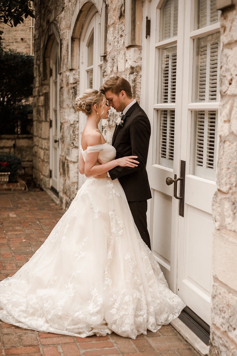 Bella-Unique gold metallic Floral lace champagne and ivory wedding dress, Ball Gown, off the shoulder, sweet heart neckline, Unique wedding image 4