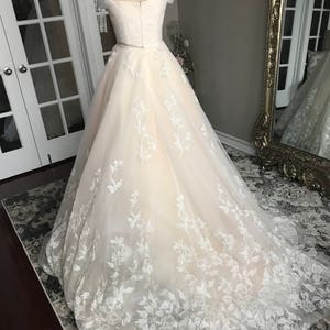 Bella-Unique Lace Floral champagne and ivory wedding dress, Ball Gown, puffy Wedding dress, off the shoulder, sweet heart neckline, roses, image 6