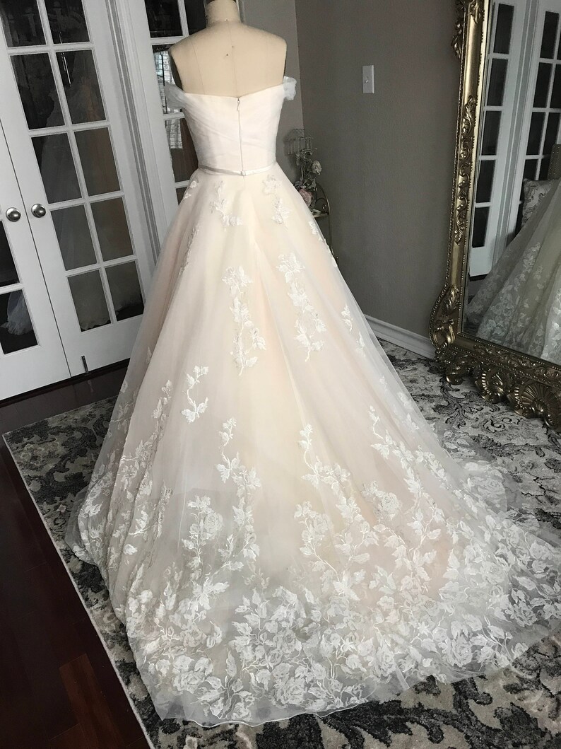 Bella-Unique Lace Floral champagne and ivory wedding dress, Ball Gown, puffy Wedding dress, off the shoulder, sweet heart neckline, roses, image 6