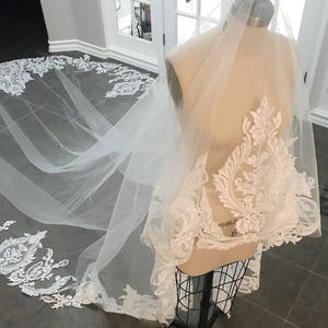 Royal Length Sequined Unique Lace Veil, Drop Style Veil, Custom bridal veil, Cathedral Length Veil, unique wedding veils, lace drop veil image 7