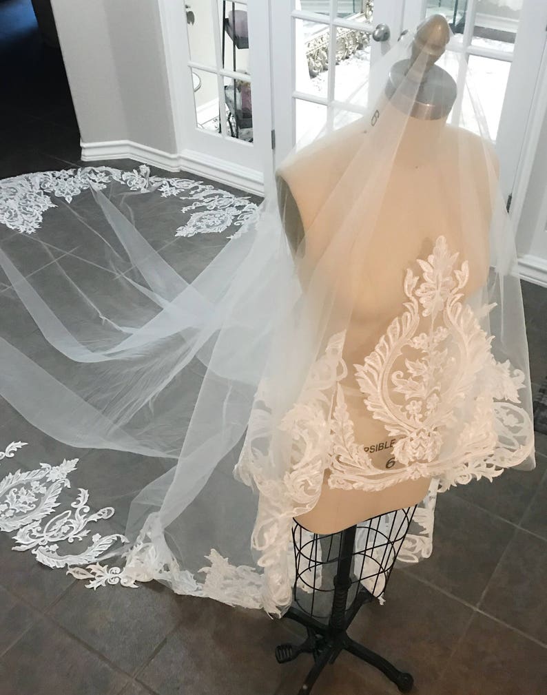 Royal Length Sequined Unique Lace Veil, Drop Style Veil, Custom bridal veil, Cathedral Length Veil, unique wedding veils, lace drop veil image 7