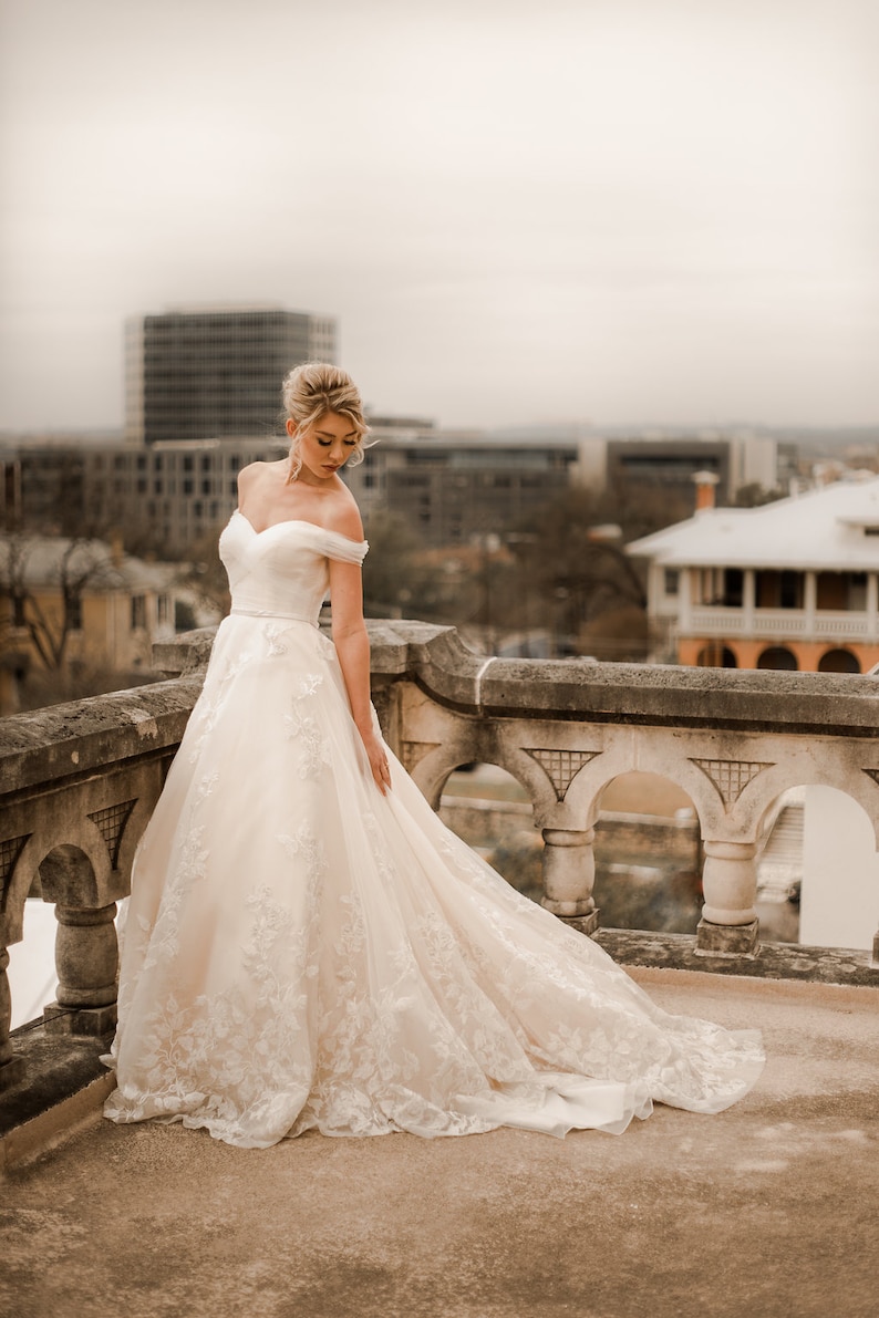 Bella-Unique gold metallic Floral lace champagne and ivory wedding dress, Ball Gown, off the shoulder, sweet heart neckline, Unique wedding image 1