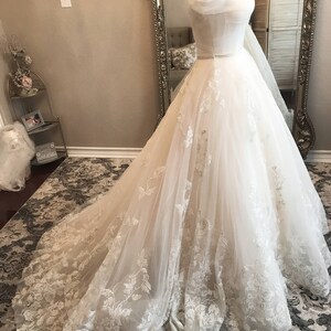 Bella-Unique Lace Floral champagne and ivory wedding dress, Ball Gown, puffy Wedding dress, off the shoulder, sweet heart neckline, roses, image 5