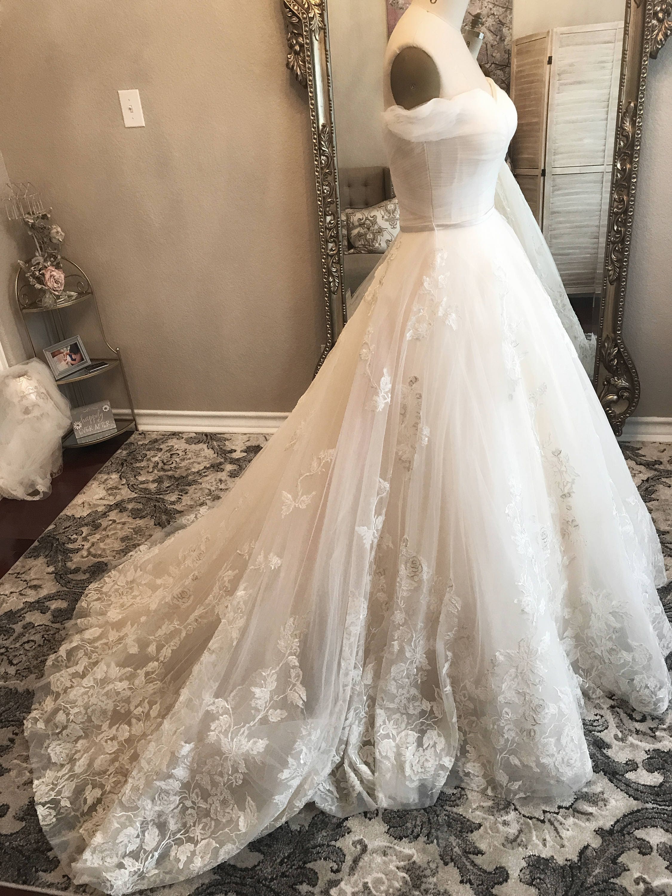 Bella-unique Lace Floral Champagne and Ivory Wedding Dress 