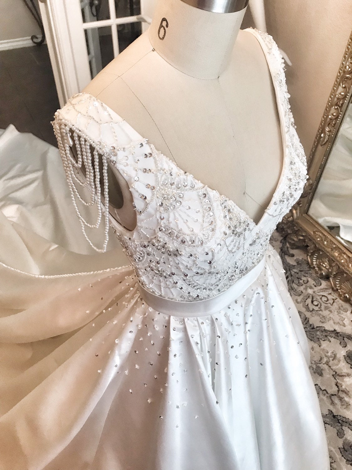 Teal Custom Draped Beaded Wedding Dress Pearl Sleeves long Etsy