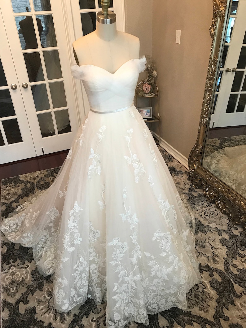 Bella-Unique Lace Floral champagne and ivory wedding dress, Ball Gown, puffy Wedding dress, off the shoulder, sweet heart neckline, roses, image 7