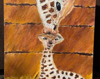 Giraffe Painting, Nursery Wall Art, Mama's Kiss, Safari Wall Art, Original Oil Painting on 16x20 panel canvas