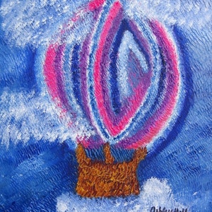 Hot Air Balloon, Clouds, Riding on the Clouds, Original Oil Painting on Canvas, 11x14 panel canvas image 1