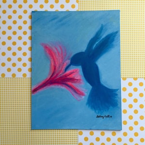 Hummingbird, Flower, Take Flight, Original Oil Painting on Canvas, 12x16 panel canvas