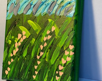 Fields of Love, Fields Hearts Painting, Green, Blue, & Pink, Acrylic Painting, Original Art, Painting on Canvas, 5x5 inch Stretched Canvas