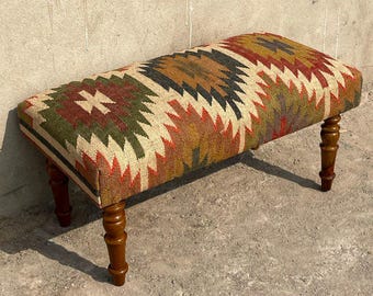 Handmade Kilim Bench: Wool Jute Rug Upholstered Ottoman Entryway Boho Rustic Bedroom Farmhouse Seating rustic Bench Indian Furniture Rug