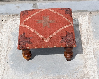 Handmade Kilim Footstool Ottoman, Wool & Jute Upholstered Stool, Rustic Wooden Foot Rest, Boho Home Decor, Small Ottoman Bench, Gift Idea