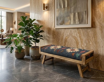 Kilim Upholstered Wooden Bench, Wool Jute Boho Bench Folding Entryway Bench, Handmade Tribal Ottoman Seat Rustic Farmhouse Bedroom End Bench