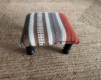 Entryway Kilim Stool, Handmade Wood Kilim Bench, Upholstered Square Ottoman, Multi Color Wool Cotton Pouf, Vintage Rug Footstool, Small Size