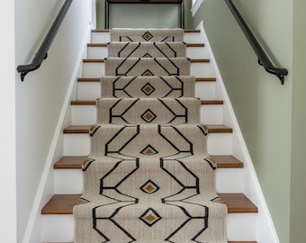 Alfombra Kilim de yute y lana tejida a mano: alfombra de escalera de tejido plano geométrico neutro para casas modernas de estilo rústico y bohemio.