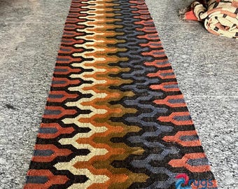Multicolor Wool Jute Kilim Stair Runner Rug, Bohemian Vintage Room Decor