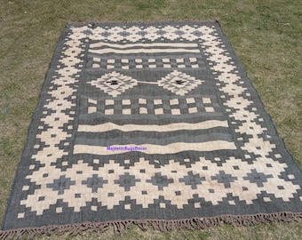 Alfombra Kilim de yute y lana hecha a mano: Alfombra rústica bohemia tribal geométrica de tejido plano para sala de estar, recibidor o entrada. Alfombra vintage.