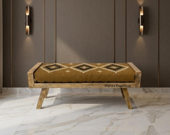 Kilim Wooden Bench Upholstered, Wool Jute Boho Bench, Folding Rustic Entryway Bench Handmade Tribal Ottoman Seat Farmhouse Bedroom End Bench