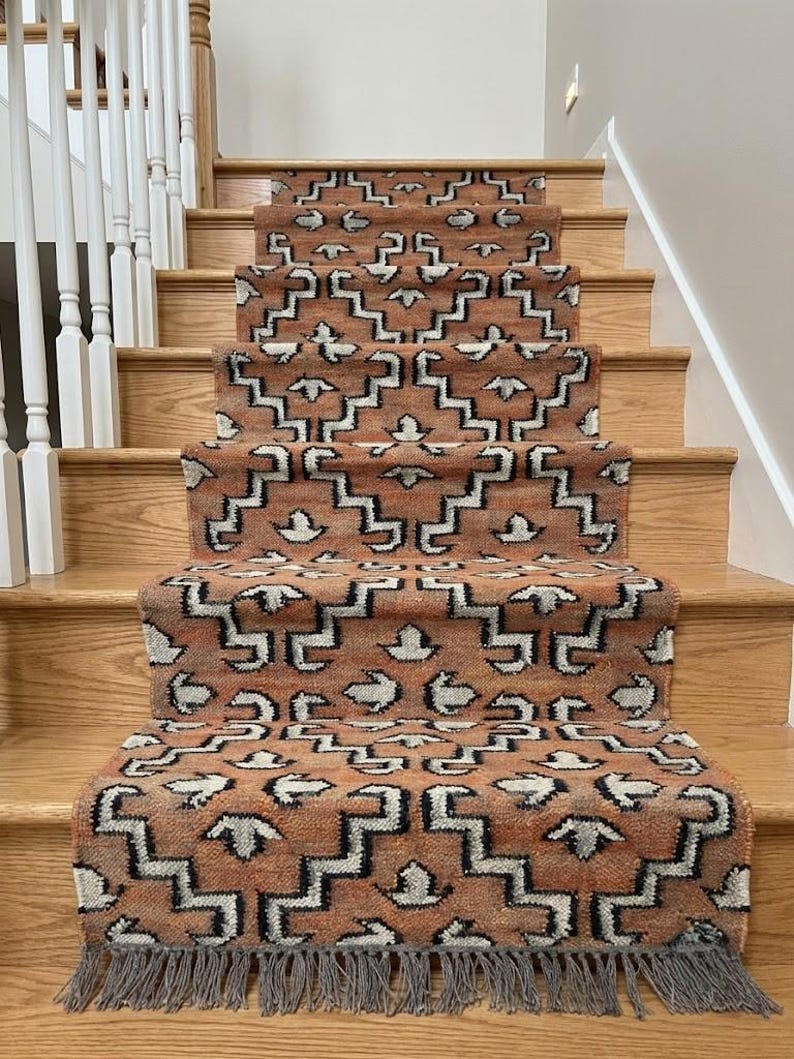 Merida Stair Rug Kilim Stair Runner Rug, Geometric Hallway Runner, Boho Wool Jute ...
