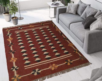 Handwoven Wool Jute Kilim Rug, Indian Handmade Kilim Dhurrie Rug, Motifs Oriental Turkish Rug, Boho Home Decor Large Area Custom Jute Rug