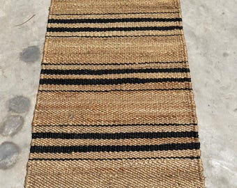 Handwoven Natural Hamp Jute Runner Rug with Black Stripes | Eco-Friendly Boho Farmhouse Hallway Kitchen Runner | Rustic Tribal Floor Mat