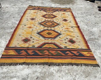 Alfombra Kilim de yute de lana 8x10, alfombra oriental, alfombra de lana de tamaño personalizado, alfombra de área vintage, alfombra de yute boho, alfombra de yute de lana hecha a mano, ALFOMBRA DEL SUROESTE