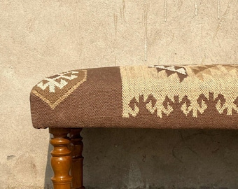 Wool Jute Kilim Bench | Brown Tribal Upholstered Bench | Handmade Boho Entryway Bench | Rustic Kilim Ottoman | Vintage Decor Bench