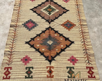 Wool jute Kilim Rug, Handwoven, Wool and Jute Rug Handmade, Kilim Dhurrie Rug, Traditional Indian jute Area rug Eco Friendly Geometric Rug