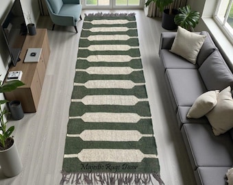 Alfombra Kilim de yute y lana tejida a mano: alfombra de tejido plano verde y natural, moderna alfombra bohemia para salón, pasillo y decoración escandinava.