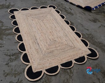 Handwoven Jute Rug, Black Scalloped Edge, Turkish Style