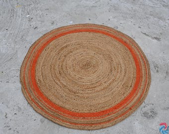 Braided Jute Round Rug, Orange Beige, Bohemian Home Decor
