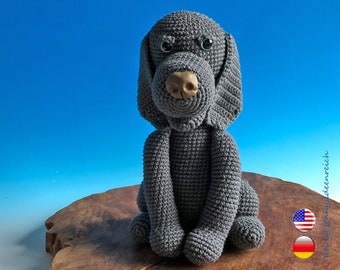 Weimaraner, Viszla, Amigurumi Häkelanleitung (DEUTSCH + ENGLISCH), Hund sitzend häkeln, Anleitung für einen Jagdhund von jennysideenreich