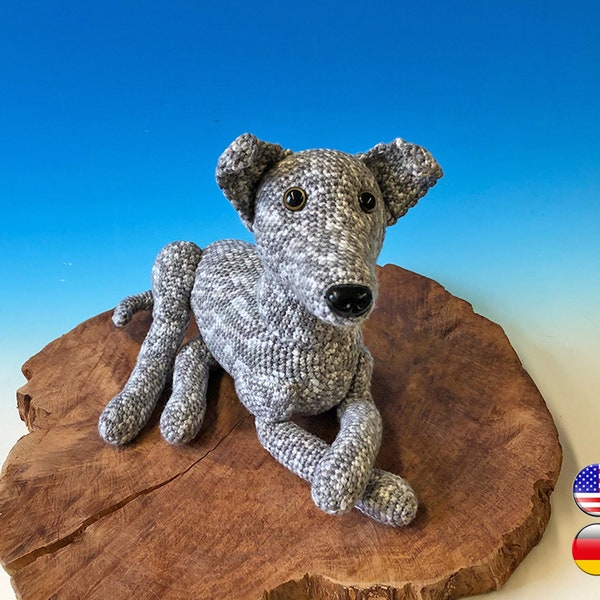 Windhund Galgo Amigurumi Häkelanleitung (DEUTSCH + ENGLISCH), Hund liegend häkeln, Anleitung für einen Greyhound von jennysideenreich