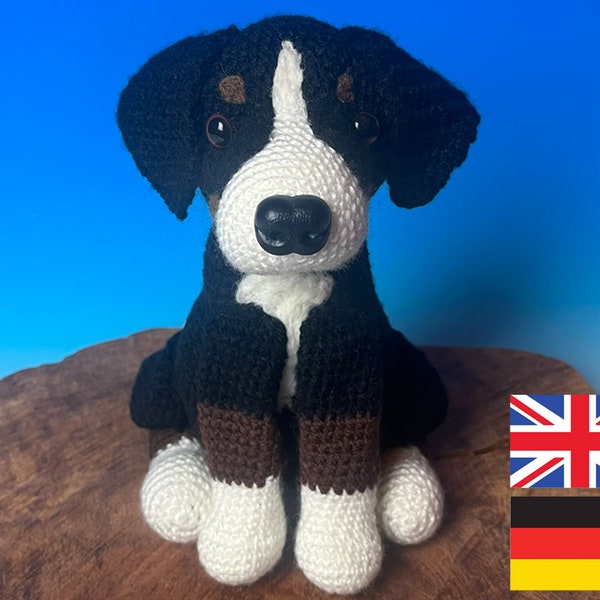 Appenzeller Sennenhund großer Schweizer Amigurumi Häkelanleitung Hund sitzend häkeln