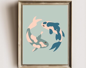koi fish print | trendy printable wall art | blue and green | japanese decor | japanese culture | digital download