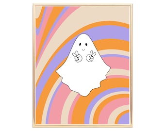 Groovy Ghost Wall Art Printable – Retro Halloween Digital Download, Peace Sign Ghost Print, Colorful 70s Halloween Decor