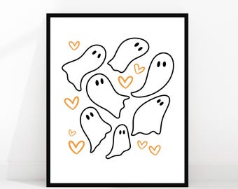 Halloween Ghost Wall Art Printable – Cute Ghosts with Orange Hearts, Minimalist Spooky Digital Download, Halloween Home Decor