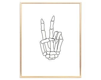 Skeleton Peace Sign Line Art | Halloween Printable Art | Skeleton Hands | Peace Out | Halloween Wall Decor | Minimalistic Halloween Art