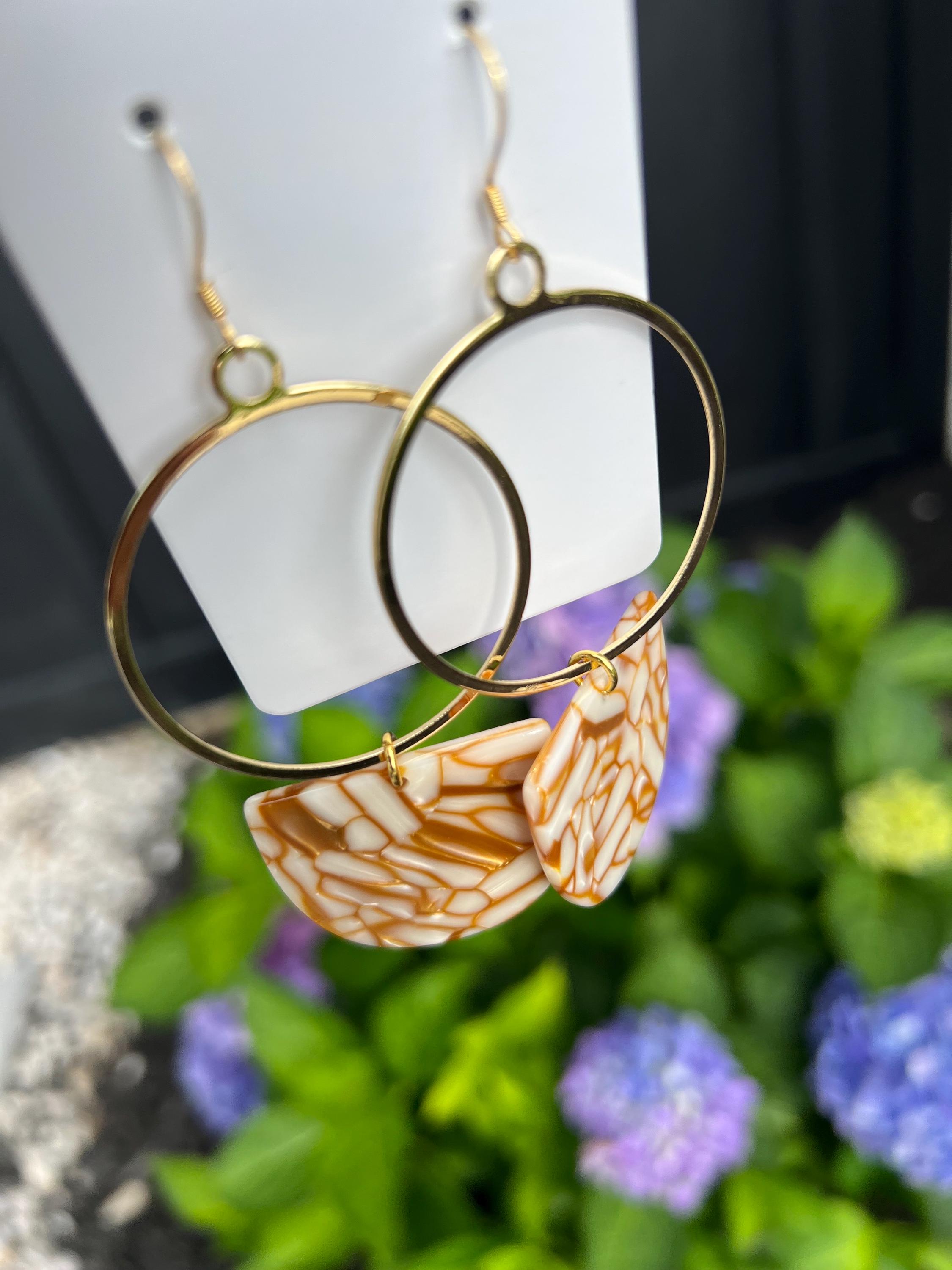 Gold brass dangle drop earrings with acrylic accent piece, light weight, gift idea for mom