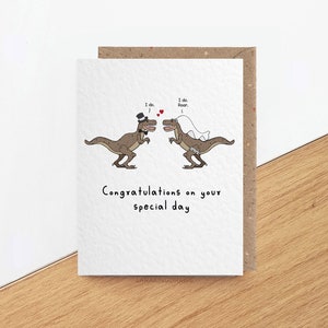 Personalisierte Dinosaurier-Hochzeitskarte, Glückwünsche Nerds, für Geeky Braut und Bräutigam oder gleichgeschlechtliches Paar, für Schwester-Tochter-Bruder Bild 1