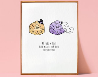 DnD Wedding Gift, Bride and Groom D20, 1st Wedding Anniversary Print for Geeky Husband, Nerdy Christmas Present for Wife