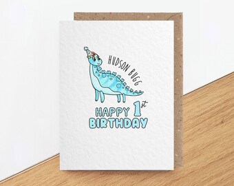 Personalised First Birthday Dinosaur Card, 1st Birthday Gift for Baby Boy or Girl, Turning 1 Today, Add Name