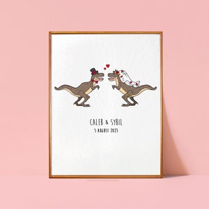 Personalised Dinosaur Wedding Gift for Geek Bride and Groom, Funny T Rex Wall Decor, Newlyweds Christmas Present Under 30 immagine 1